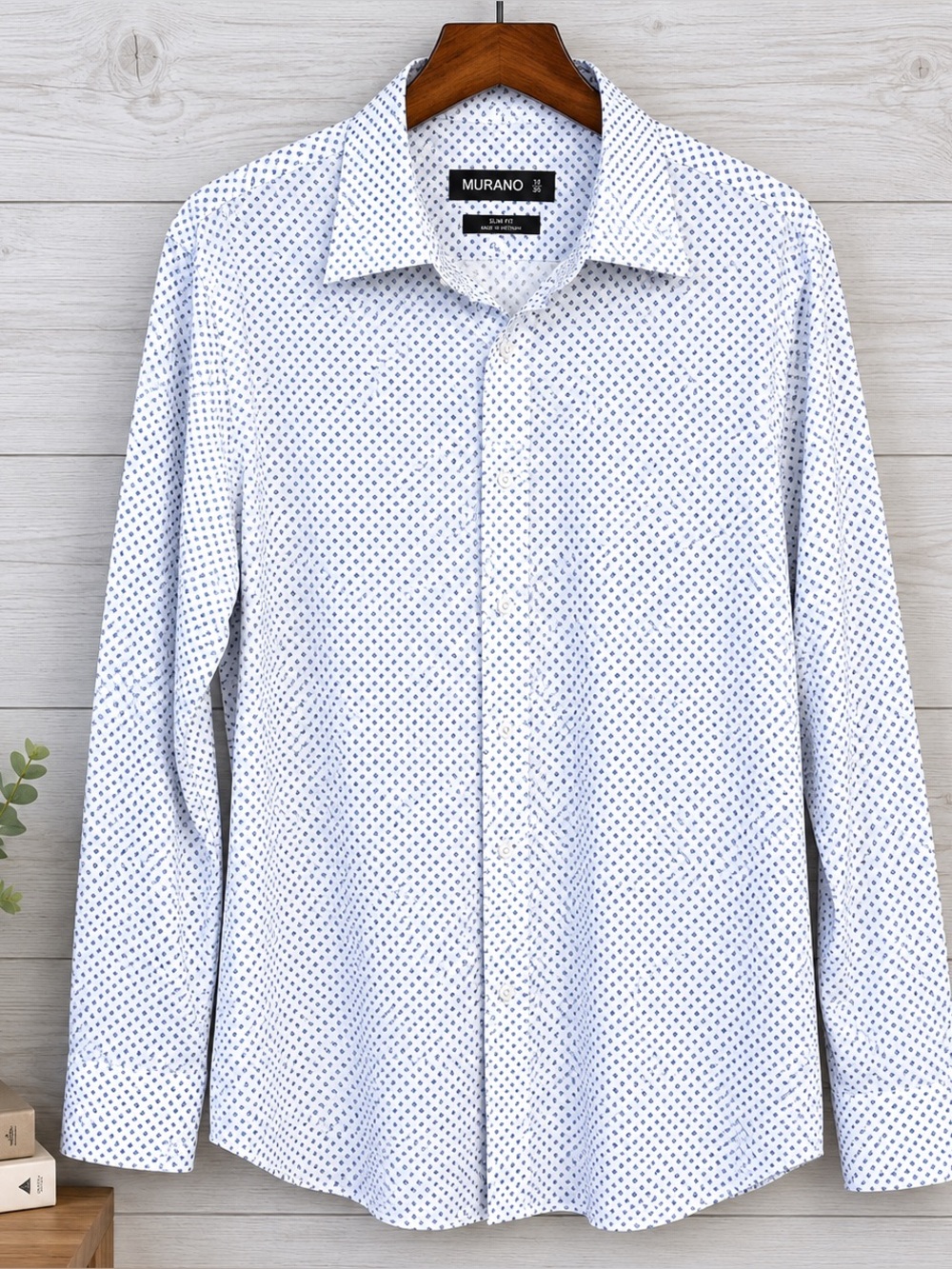 Murano Slim Fit Blue Geo Print Stretch Dress Shirt 18 35